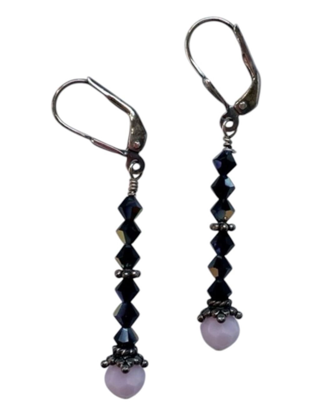 Hand Crafted 925 Silver Black Pink Crystal Linear Minimalist  Drop Earrings NEW